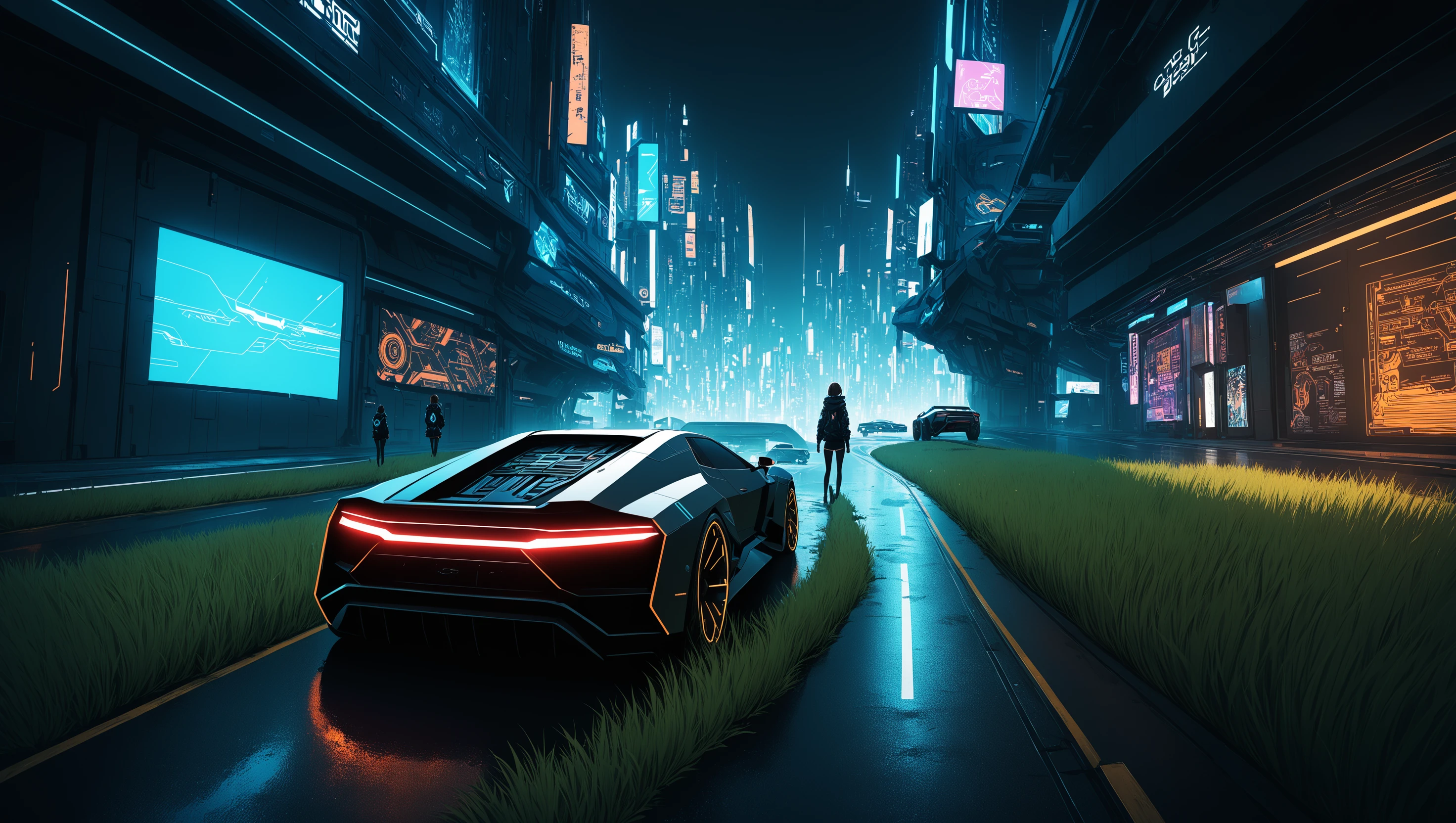 <lora:WallpaperFusionXL:0.8> Wallpaper Fusion, 1boy, 1girl, brown hair, car, city, cyberpunk, from behind, grass, ground vehicle, hood, hood down, jacket, motor vehicle, outdoors, road, short hair, sign, cinematic angle, foreshortening, dark, dark background, masterpiece, best quality