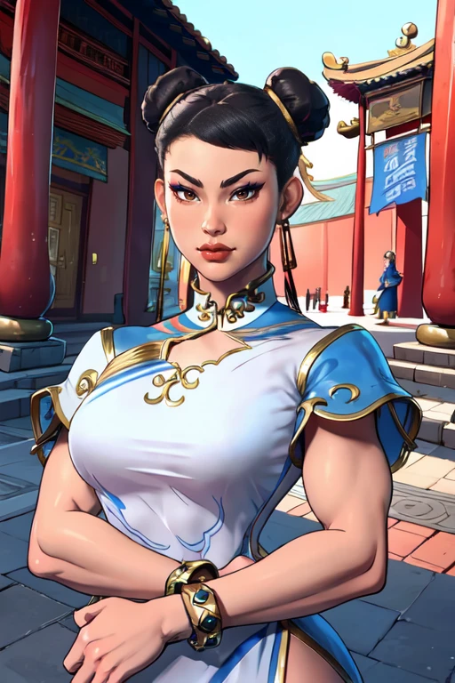 masterpiece,best quality,extreme detail,8k,<lora:chunlisf6:0.8>,chunlisf6, 1girl, solo, breasts, brown hair, dress, ribbon, brown eyes, jewelry, hair ribbon, upper body, earrings, hair bun, bracelet, double bun, chinese clothes, china dress