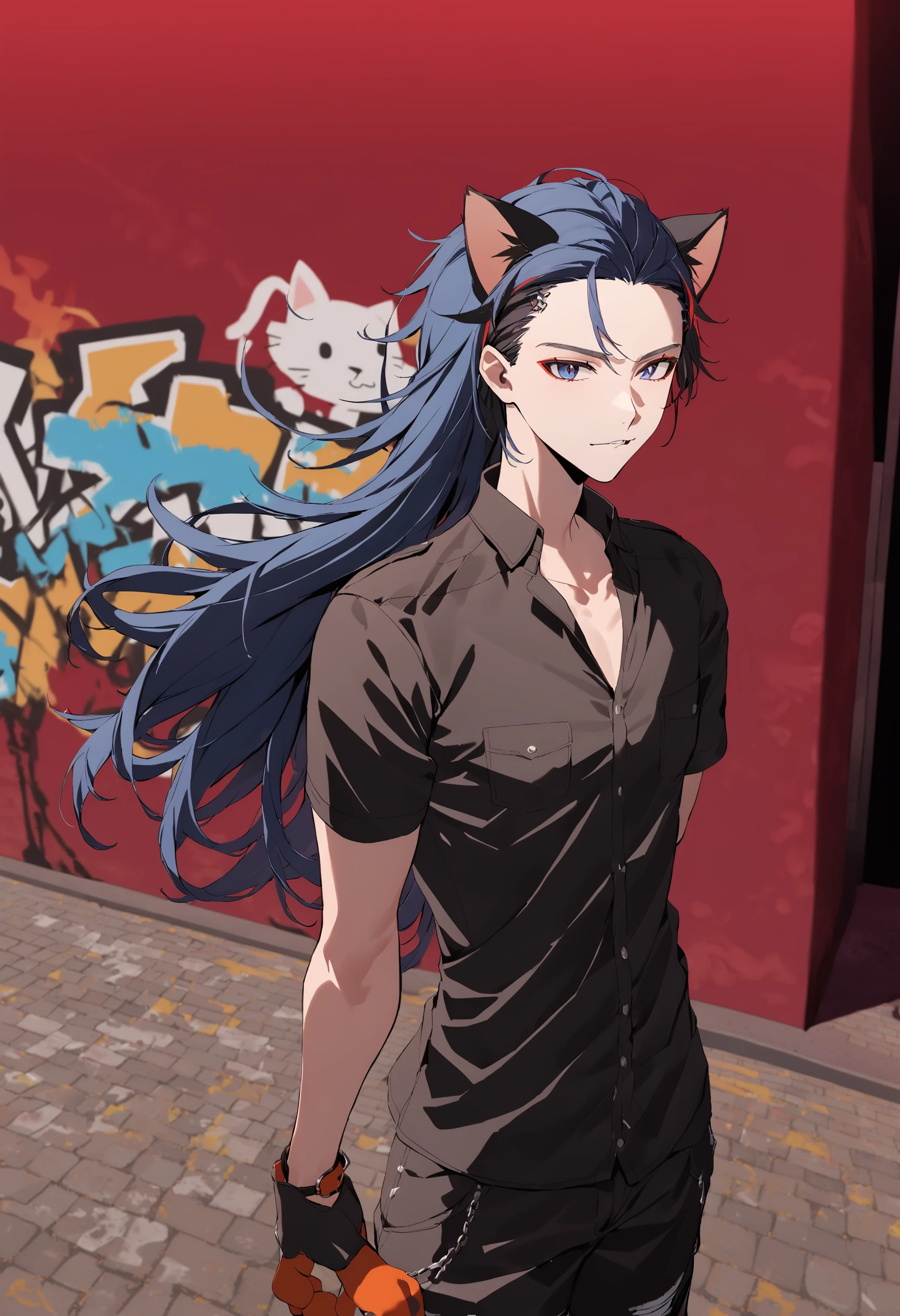 1boy, tobias x'voor, animal ears, blue hair, graffiti, cat ears, long hair, outdoors, red background, road, shirt, solo, newest, rating:general, <lora:TobiasXvoorXL:1>
