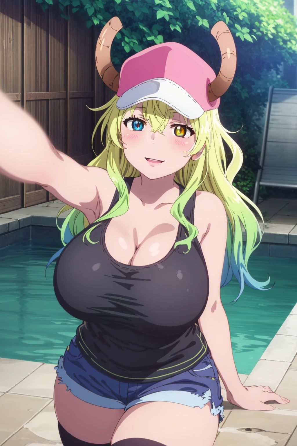 (highres:1.2),(ultra-detailed:1.2),[high dynamic range lighting],(masterpiece:1.3), (best quality),highly quality, intricate details,(extremely detailed CG unity 8k wallpaper:1.2),best shadow,(extremely detailed fine touch:1.2), (high resolution), (8K), (extremely detailed), (4k), (pixiv), perfect face, nice eyes and face, (super detailed), detailed face and eyes, textured skin, absurdres, highres, 1girl, <lora:Fine_Anime_ScreencapV1:1>, anime screencap, <lora:more_details:0.5>   <lora:Lucoa-07:0.7> Lucoa, 1girl, solo, green eyes, purple eyes, (heterochromia:1.1), slit pupils, yellow pupils, demon horns, huge breasts, pink headwear, black tank top, denim shorts, black thighhighs, pov, selfie, pool, outdoors, day, seductive smile,