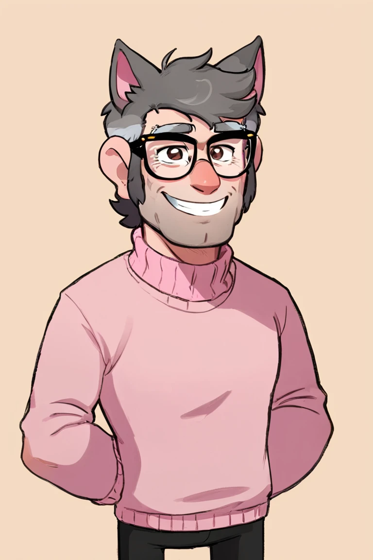 fordpines, 1boy, solo, male focus, mature male, old man, smile, upper body, muscular, short hair, grey hair, brown eyes, thick eyebrows, glasses, black-framed eyewear, facial hair, stubble, sideburns, cat ears, animal ears, pink sweater, black pants, standing, simple background <lora:Stanford (Ford) Pines SDXL_LoRA_10r_10e_32i_nr32_a16_SDXL:0.7>