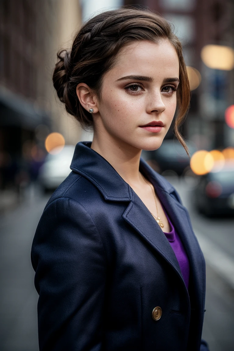 photo of seductive (emwats0n:0.99), a beautiful woman, perfect hair upsweep updo, (modern photo), (Dark Blue coat and long sleeve shirt), ((gradient Bright Purplebackground:1.1)), 85mm, (analog, cinematic, film grain:1.3), detailed eyes, painted lips, necklace, (epicPhoto), (looking at viewer), (cinematic shot:1.3), PA7_Portrait-HL_v2