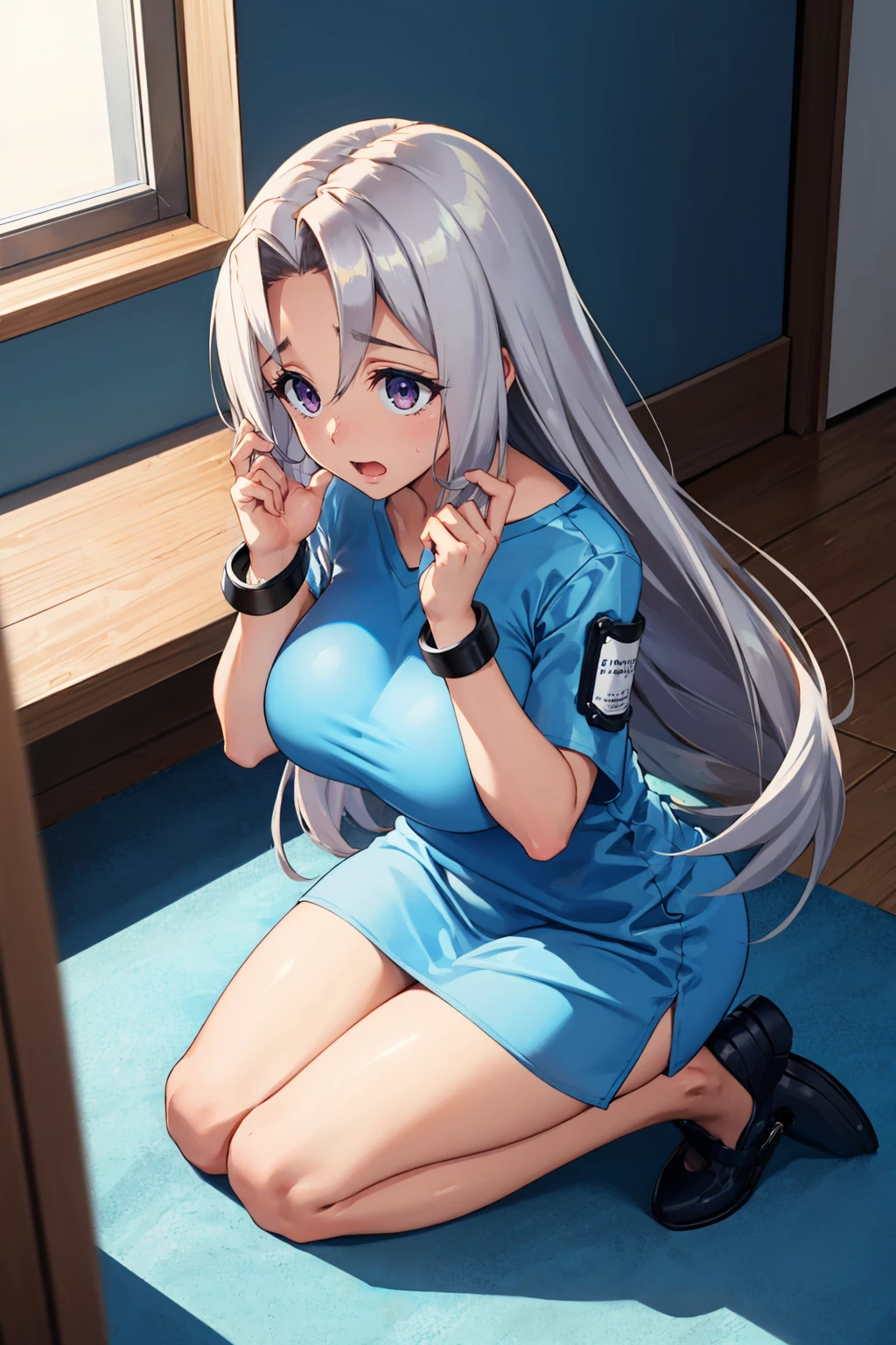 masterpiece, best quality,  <lora:azureelise-nvwls-v1-000010:0.9> defelise, blue dress, short sleeves, short dress, bracelet, large breasts, kneeling, from above, surprised, indoors