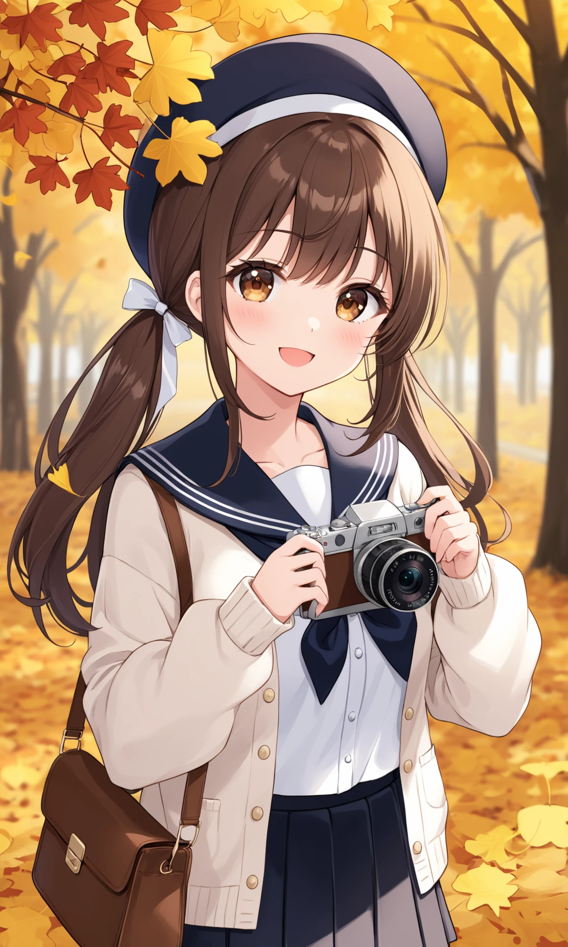 1girl, skirt, sailor collar, holding, school uniform, pleated skirt, hat, smile, off shoulder, solo, camera, brown eyes, serafuku, long hair, holding camera, black sailor collar, autumn leaves, blurry, bangs, bag, shirt, black skirt, :d, white headwear, open clothes, leaf, open mouth, long sleeves, looking at viewer, cardigan, white shirt, blush, brown hair, ginkgo leaf, depth of field, animal on shoulder, open cardigan, blurry foreground, blurry background, twintails, puffy long sleeves, beret, hair ribbon, autumn, ribbon, puffy sleeves, hair between eyes, collarbone, outdoors, maple leaf, neckerchief, white cardigan, black bow, bow, standing, shoulder bag