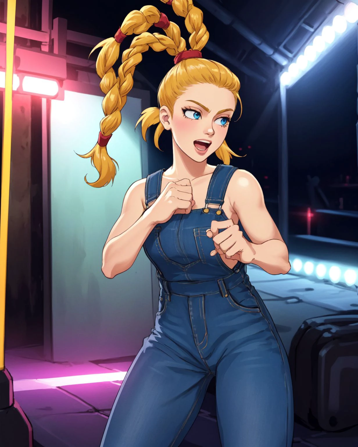 (masterpiece, best quality, high resolution, highly detailed skin:1.3), <lora:j0_EHZ:0.6> j0ehz, braided ponytails, multiple ponytails, blonde hair, blue eyes, (nightclub, rave:1.3), denim overalls, (grooving expression:1.3), dancing