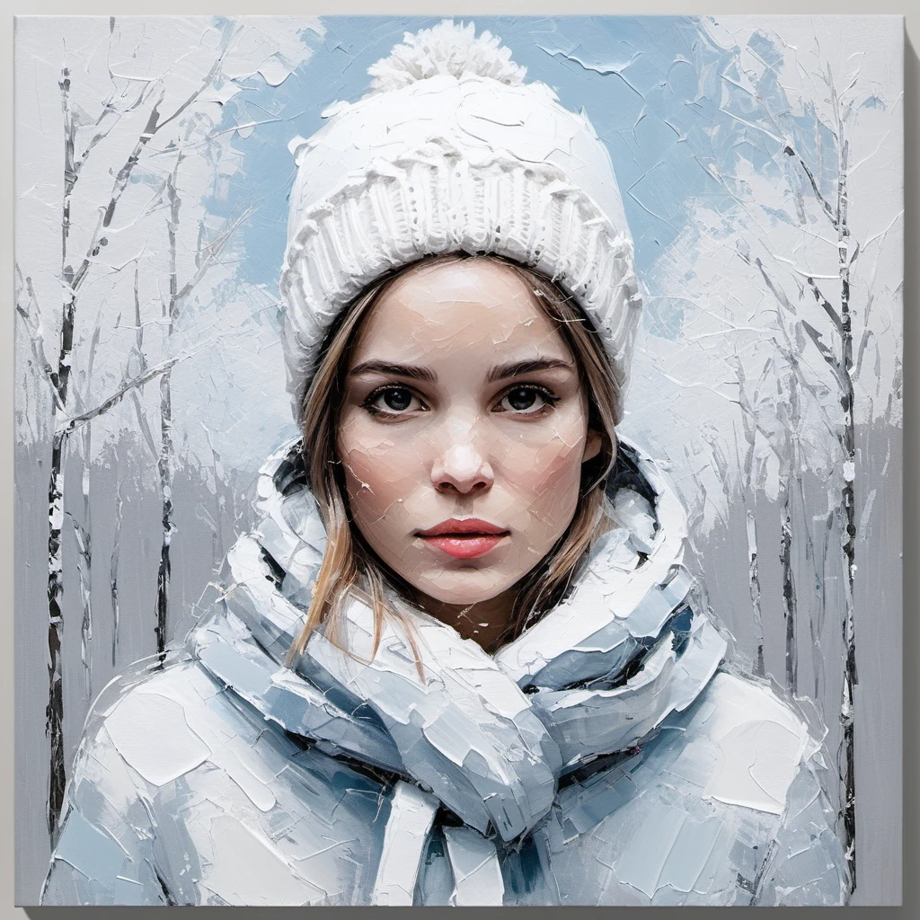 ((Abstract)) minimal palette knife canvas painting of a woman with a winter theme,subtle colors, minimalist, faint,   <lora:albaptista_xl_1_standard-000050:1>