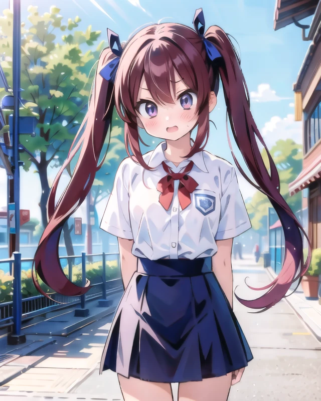 anime,pov,8k,cg,((masterpiece, best quality, high resolution)),(((best quality))),((ultra-detailed)),beautiful detailed eyes,finely detail,cg,RedFace,(shy:1.2),
cosmetics,cowboy shot,twisting pose,Bending,
1girl,18 yo,open mouth,green eyes,red hair,long hair,twintails,highschool uniform,outdoors,highschool,