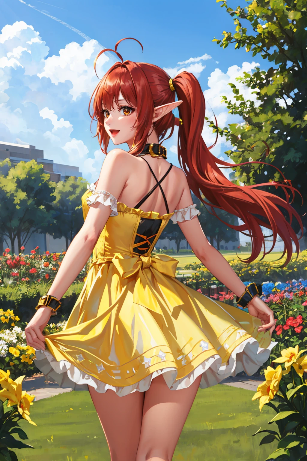 masterpiece, best quality, <lora:dnfbattlemage-nvwls-v1-000009:0.9> dnfbattlemage, twintails, (yellow sundress:1.2), from behind, garden, :D, ahoge, <lora:edgChamYellowSundress:1> edgYSD, woman wearing a yellow sundress