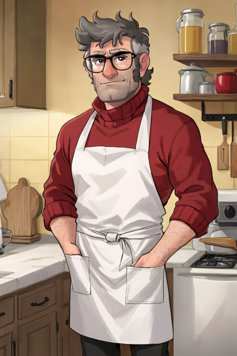 fordpines, 1boy, solo, male focus, mature male, old man, upper body, muscular, short hair, grey hair, brown eyes, thick eyebrows, glasses, black-framed eyewear, facial hair, stubble, sideburns, white apron,red sweater, black pants, standing, kitchen <lora:Stanford (Ford) Pines SDXL_LoRA_10r_10e_32i_nr32_a16_SDXL:0.7>