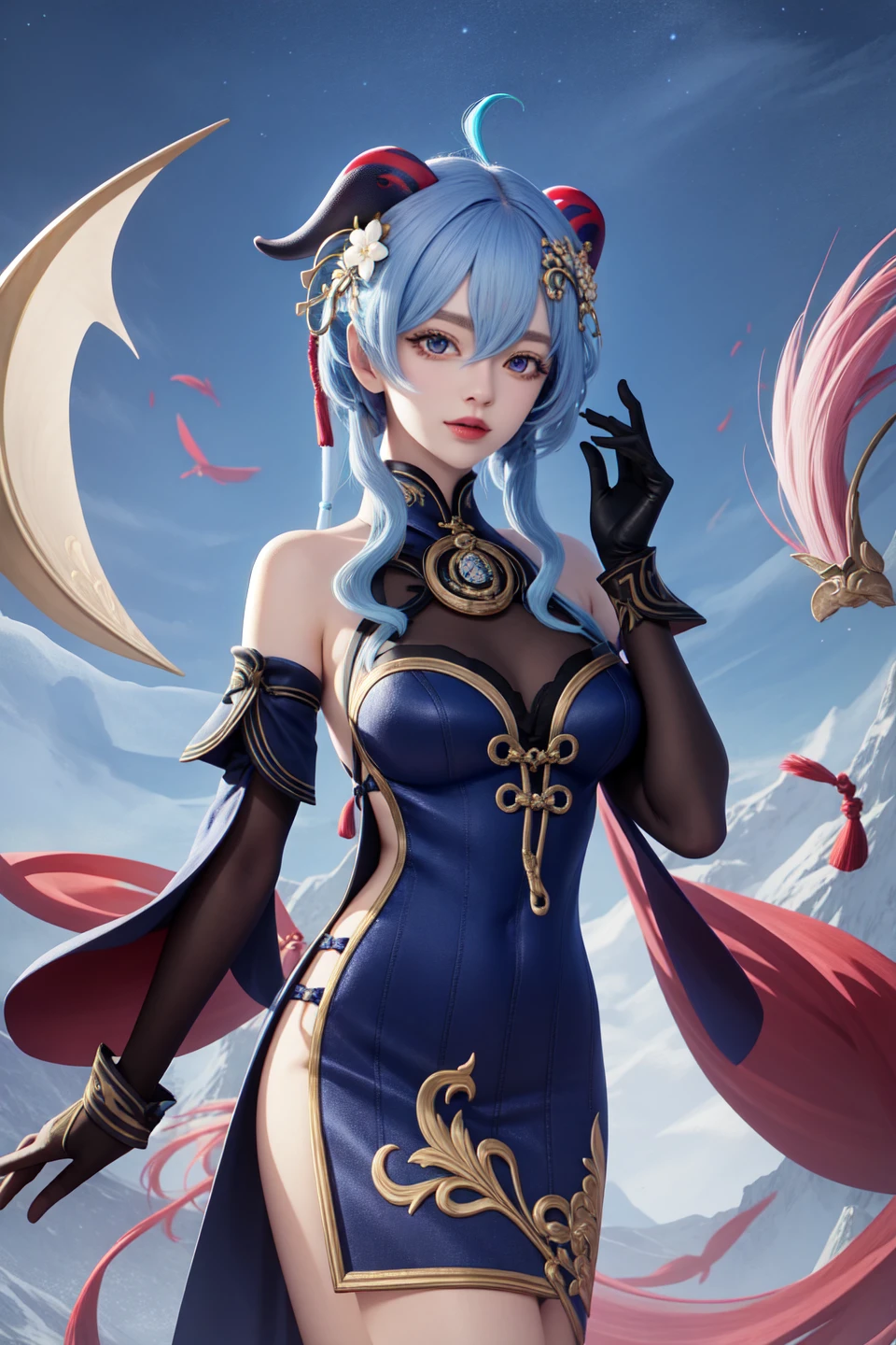 <lora:çé¨ççç¶è³-000011:1:lbw=role>,ganyu \\\(genshin impact\\\) \\\(cosplay\\\),ganyu \(genshin impact\),horns,blue hair,ahoge,bangs,purple eyes,detached sleeves,sidelocks,bare shoulders,long hair,bell,hair ornament,gloves,alternate costume,black gloves,dress,, 1girl,
, (masterpiece,best quality:1.2),absurdres