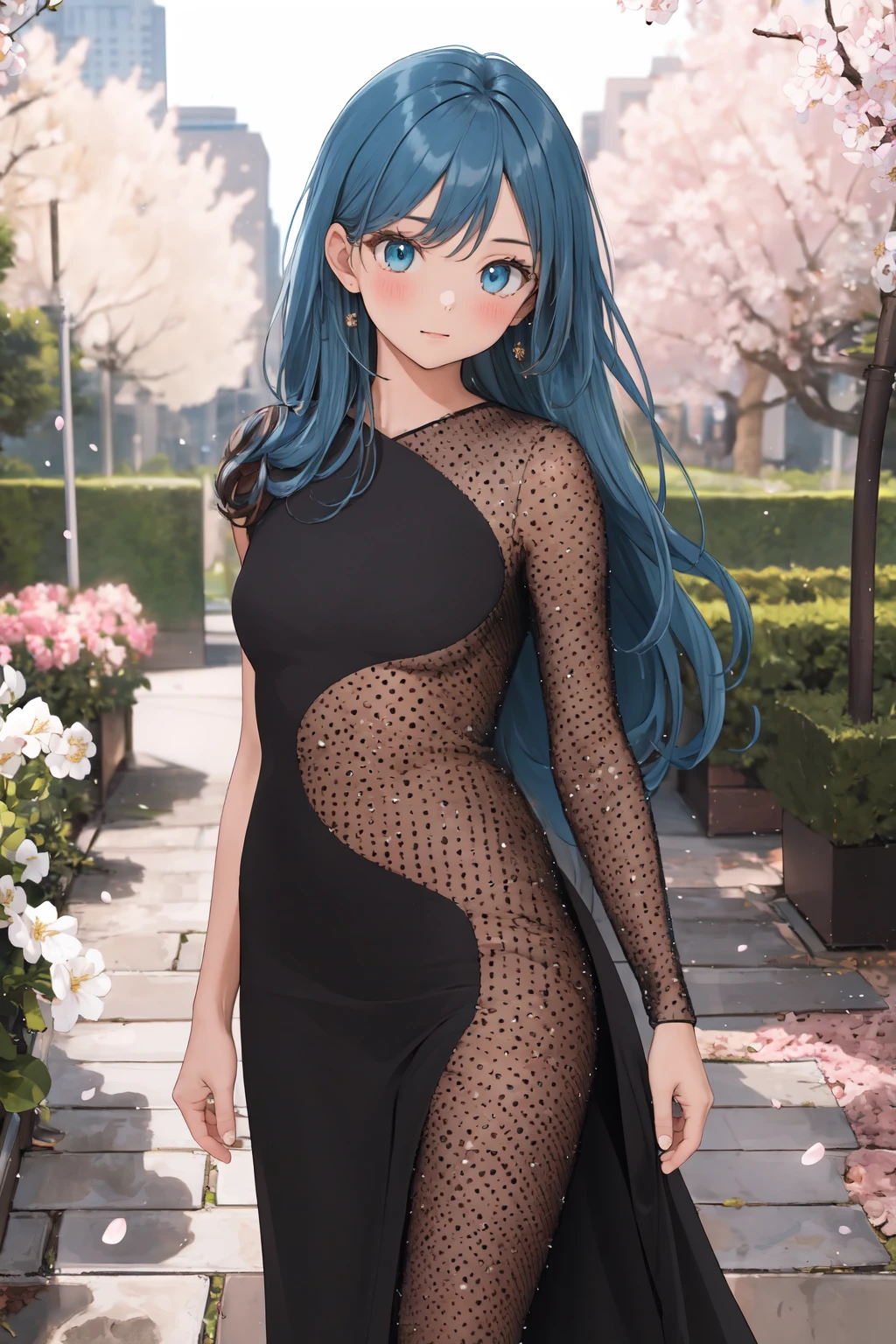 masterpiece,best quality,highres,ultra-detailed,cowboy shot,solo,1girl,medium_breasts,straight_long_hair,blue hair,standing,outdoors,garden,cherry blossom,trees,black dress,pantyhose,see-through,