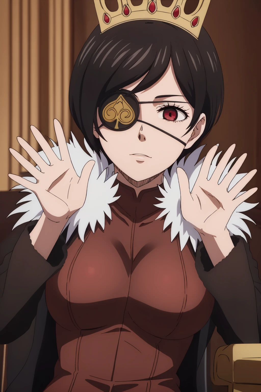 ((best quality)),((highly detailed)),masterpiece,absurdres,detailed face,beautiful face,(detailed eyes, deep eyes),((dynamic pose)), 1girl, <lora:VanicaV1:0.7>Vanica, solo, eyepatch, short hair, black hair, fur trim, breasts, looking at viewer, upper body, medium breasts, jacket, coat, bangs, red eyes, long sleeves, sitting on a throne