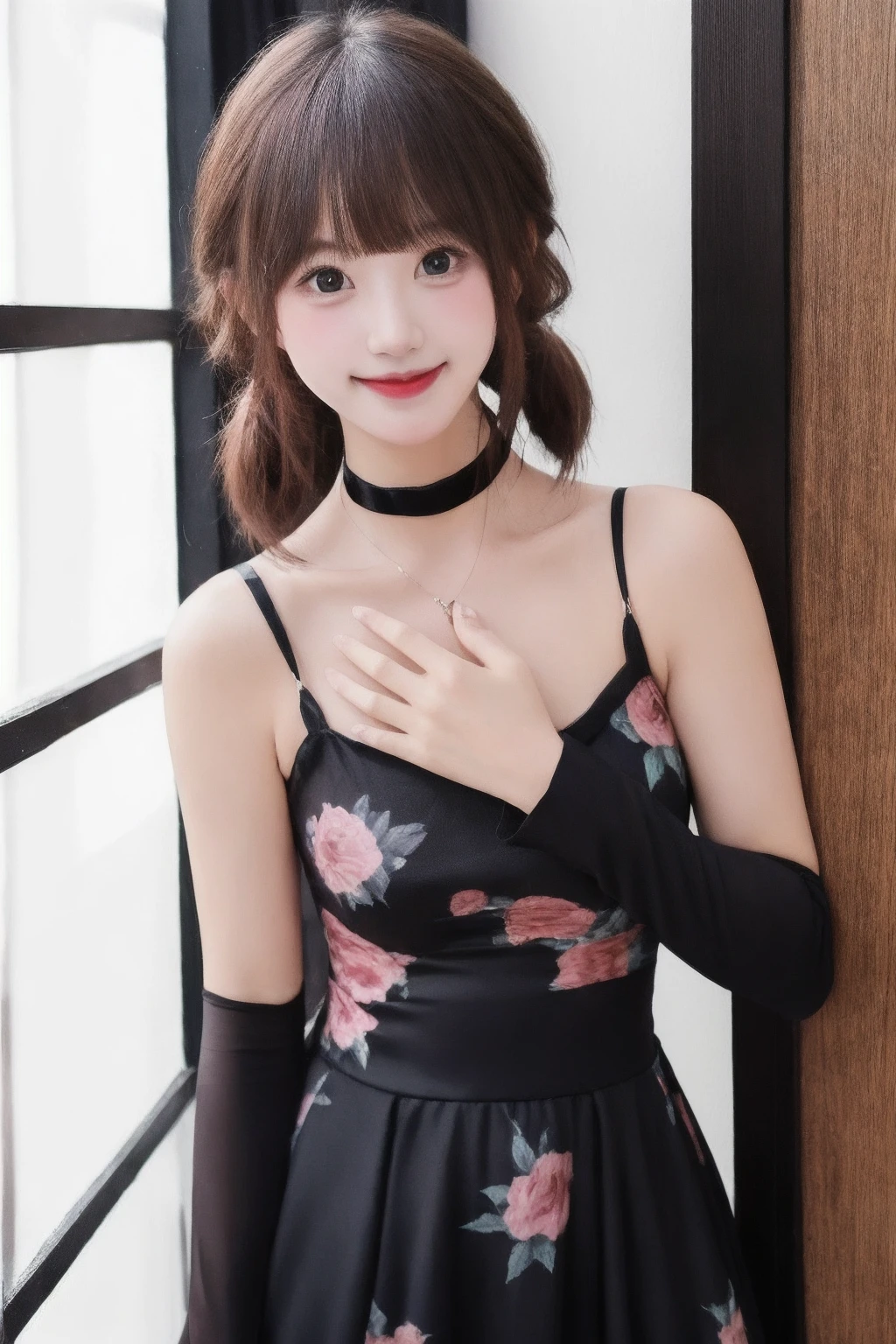 highest quality, masterpiece, ultra high resolution, (realistic:1.4), (portrait facing each other) Raw photo, 1 girl, 20-year-old,((K-pop idol costumes)),((very short hair)),((Very short bangs)),((looking up at the viewer)),realistic,((Simple solid color background)), picture media chest)),((toothy smile)),