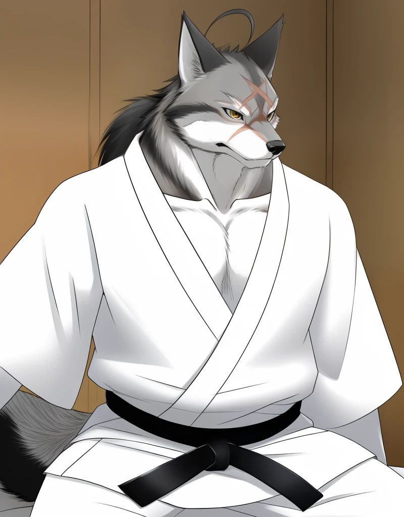 (((detailed eyes, detailed face))), (furry, ten kodori <lora:character_ten_kodori_findigo_v1:0.9>, two-tone fur, long hair, ahoge, wolf boy, snout, scar on face), male, (solo), (plump), (white dougi, martial arts belt, white pants), sitting, (arms behind back), smile, (front view) BREAK (konzaburou, ukan_muri, cute), bedroom, (flat shading, flat color, high brightness), 8k, UHD, masterpiece, (full body)