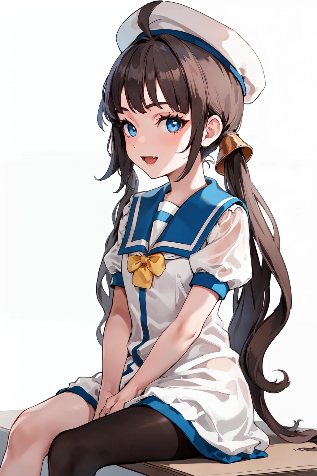 (masterpiece, best quality:1.2),
BREAK
(perfect anatomy), (symmetric eyes, beautiful eyes, sharp eyeliner, beautiful face), (blue eyes:1.25),
BREAK
1 girl, solo focus,
BREAK
FufuKC, white sailor dress, blue sailor collar, yellow bow, white sailor hat, short sleeves, hair rings, (single pantyhose, (left-leg) pantyhose),
BREAK
facing to viewer, looking at viewer, profile, light smile, open mouth, fang, (white background, simple background), sitting,invisible chair,
BREAK
 <lora:fufu-05:0.9>