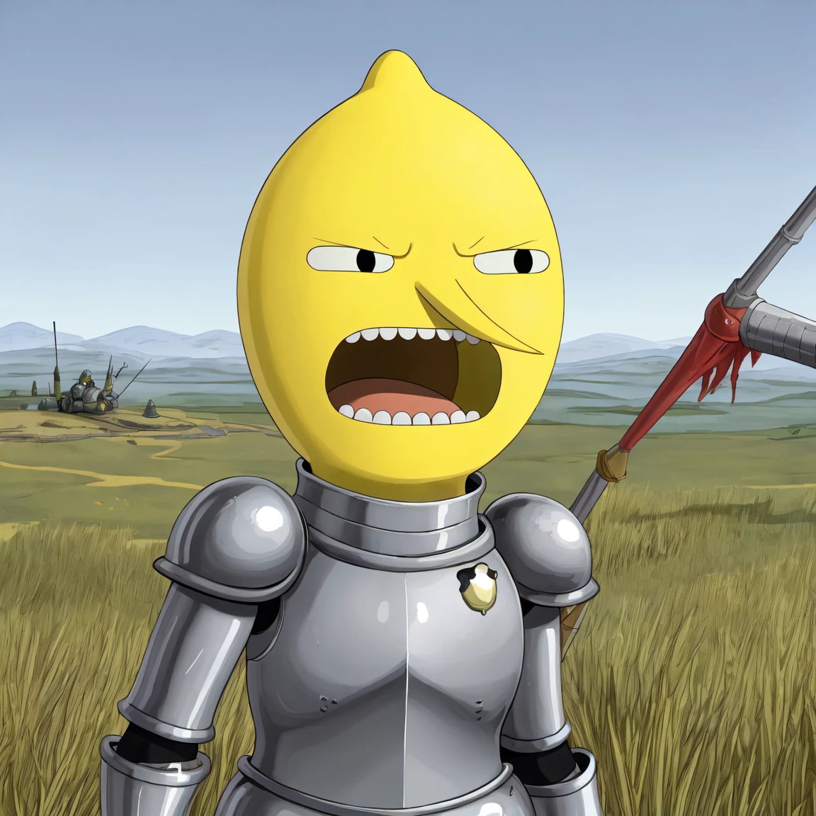 (masterpiece, high quality, best quality:1.2), cartoon, 
lem0ngr4b, grey clothing, angry, open mouth, armor, battlefield
<lora:lemongrab_fluffyrock1.5_v1:1>