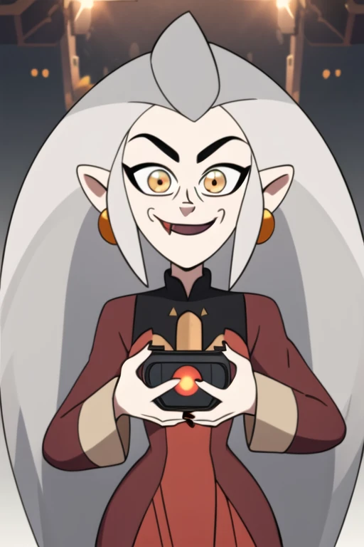 masterpiece, best quality, <lora:edalyn:0.8>, 1girl, solo, grey hair, long hair, yellow eyes, smile, looking at viewer, fang, red dress, long sleeves, jewelry, looking at viewer, sunlight, delicated ilumination, highly detailed, dark background,