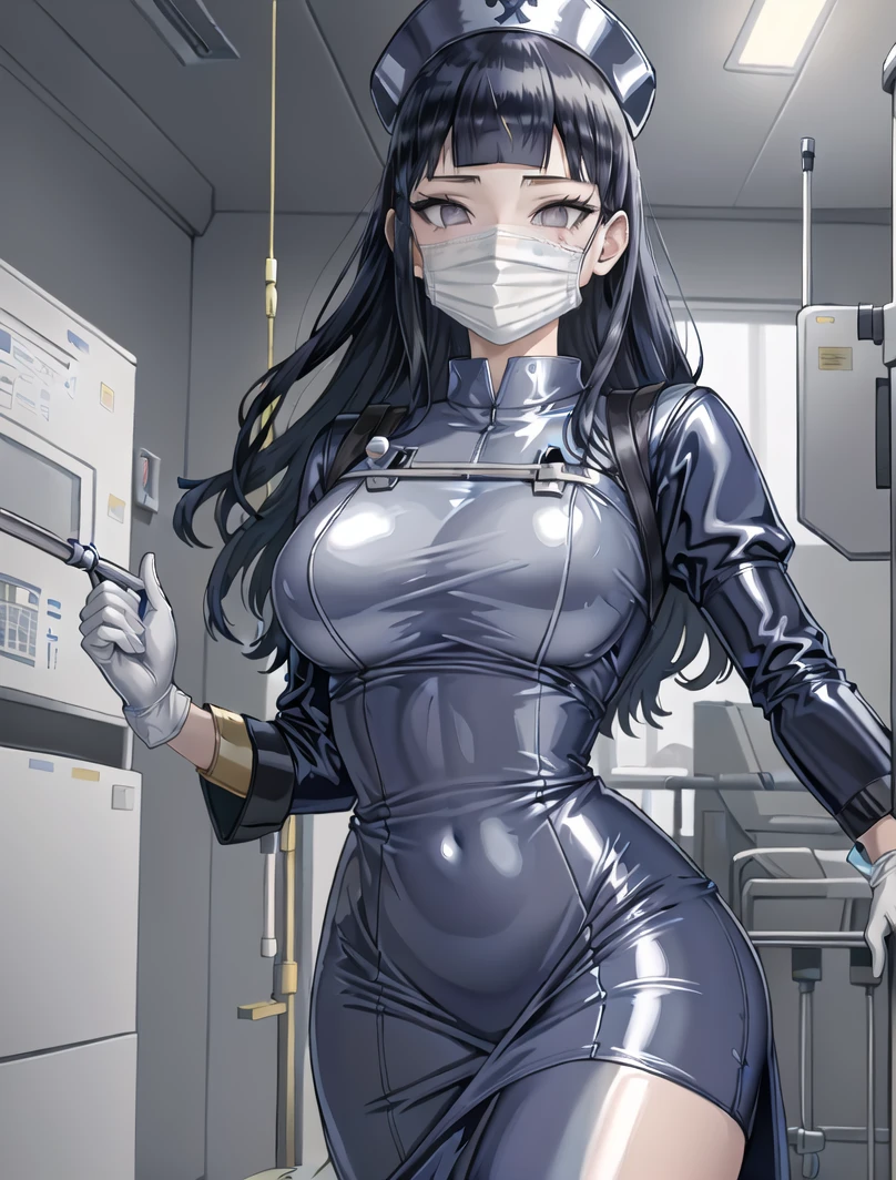 ((masterpiece, best quality, high quality)),1girl, pregnant, (lower body, hospital), (latex_nurse_surgical, mouth mask, latex, gloves, surgical mask, nurse cap,long dress,long sleeves,shiny uniform, blue uniform),  ((hyuuga hinata, solo)),