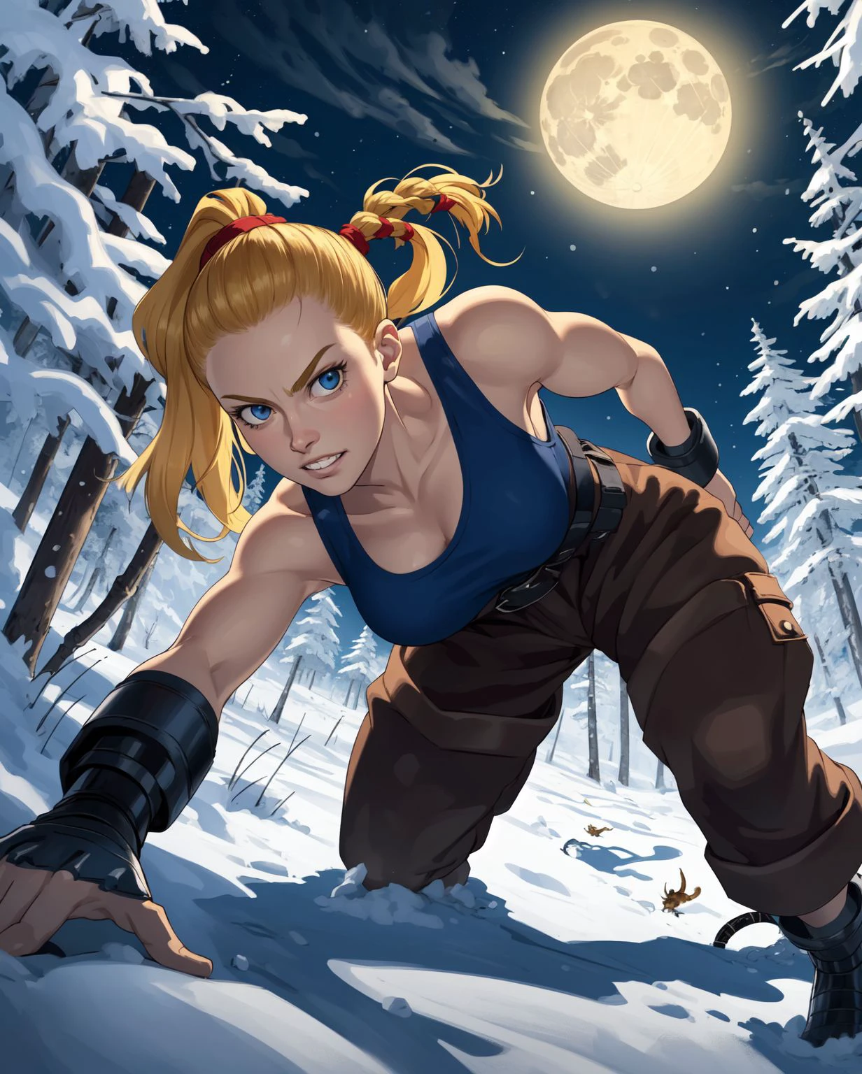 (masterpiece, best quality, high resolution, highly detailed skin:1.3), <lora:j0_EHZ:0.6> j0ehz, braided ponytails, multiple ponytails, blonde hair, blue eyes, red tanktop, shackles, leg cuffs, kickpads, brown pants, (looking at viewer, facing viewer:1.2), baring teeth, (crawling, prowling pose:1.6), northern forest, light snow, (night photography, midnight:1.2), light of full moon poking through trees, from below, (wolves:1.1)