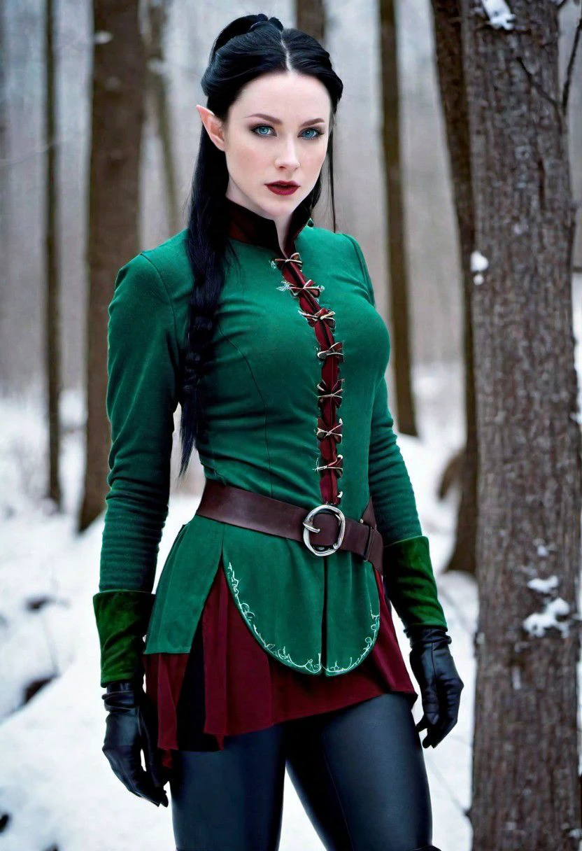 photo, elf female, (very pale skin), 5'9, 140lbs, 32B-24-32, long black hair in ponytail, blue eyes, feminine slight features, muscular woman, thin, (Dark green/Maroon gothic cold weather clothing), full body, snowy forest, D&D character, HDR