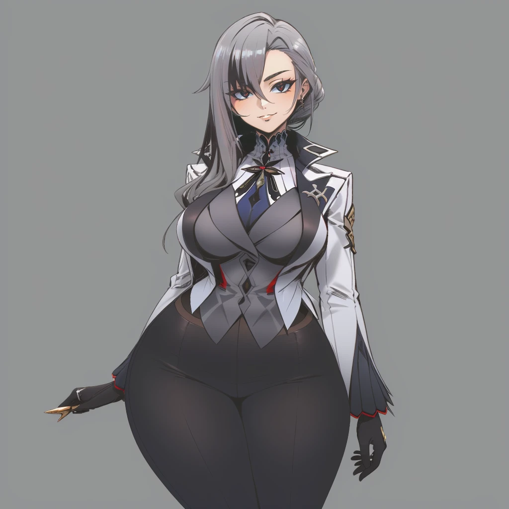 (masterpiece, best quality:1.3), Wolftangart, 1girl, solo, looking at viewer, wide hips, mature female, closed mouth, simple background, colorful background, seductive smile, large breasts, cowboy shot, thick thighs, <lora:Wolftangart Style Lora:1>, arlecchino \(genshin impact\), black gloves, grey tailcoat, black pants, grey vest, grey shirt, high heels,  <lora:Char-Genshin-Arlecchino-V1:.8>