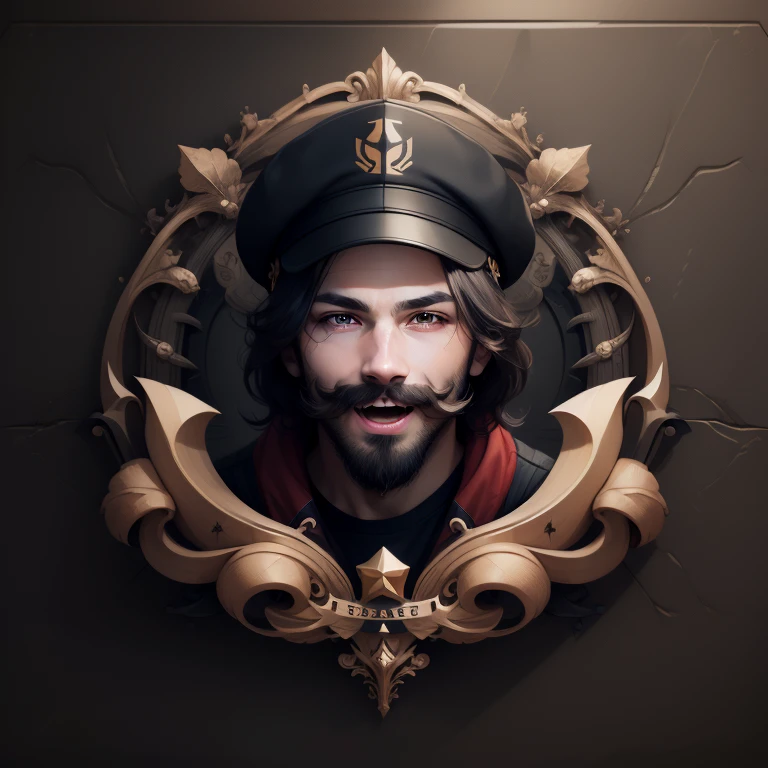 <lora:logo1.5v4:2>logo,graphic, 1boy, solo, male focus, mario, mustache, facial hair, black hair, star \(symbol\), hat, red headwear, open mouth, black eyes, smile, white background, parody, simple background