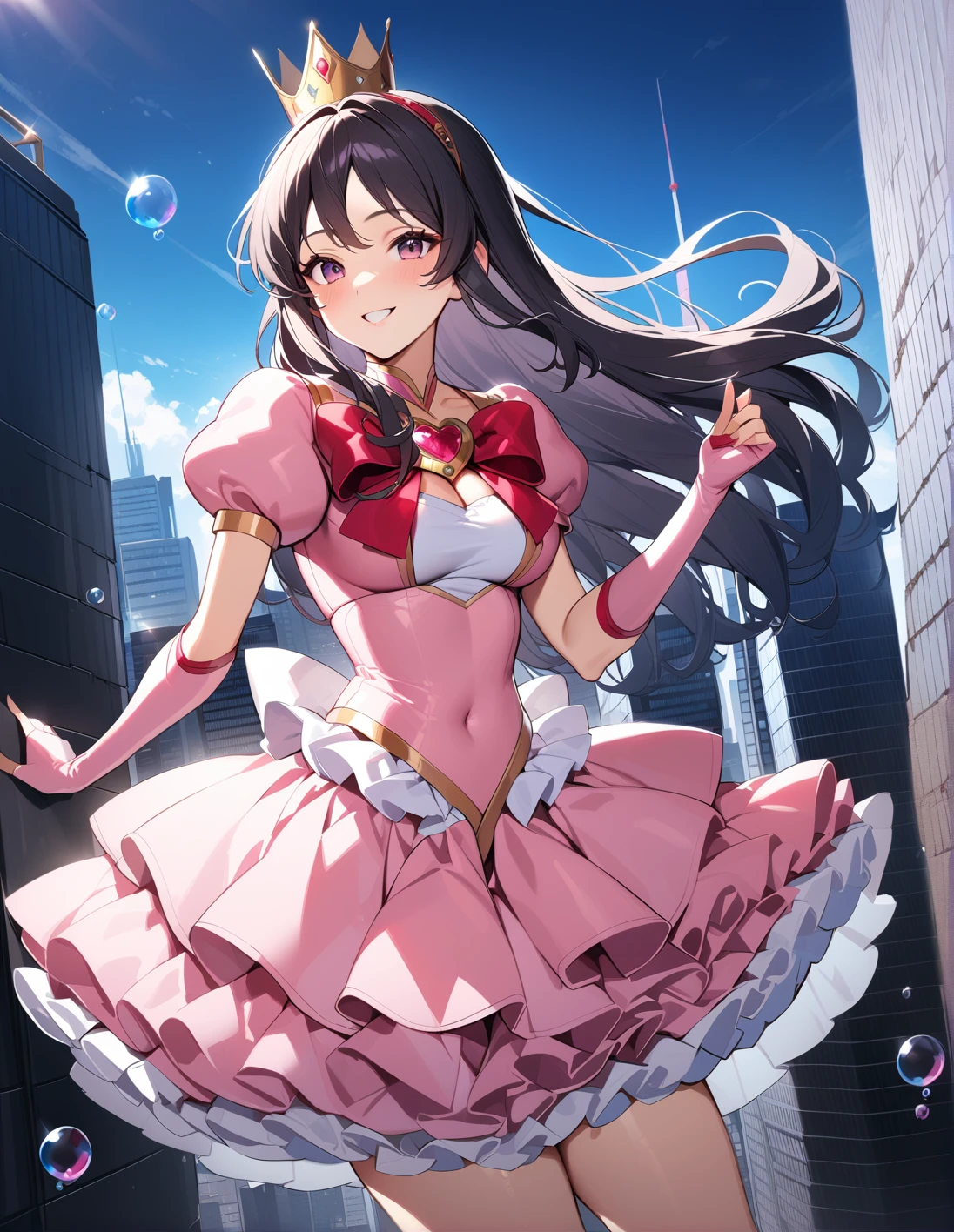 best quality, ultra-detailed, (1girl, solo,  black hair,full crown hair, , hair bow, (puffy short sleeves:1.1), round neckline, cleavage, short dress, plain satin dress, luxury pink latex dress,(petticoat:1.2) , elbow gloves,brooch, bow on chest,  <lora:sdxl-heart_brooch_on_chest-animagineXLV3-AdamW8bit-v1:1>,heartbroochonchest, ,  smile, Posing as if blowing bubbles), on top of a skyscraper