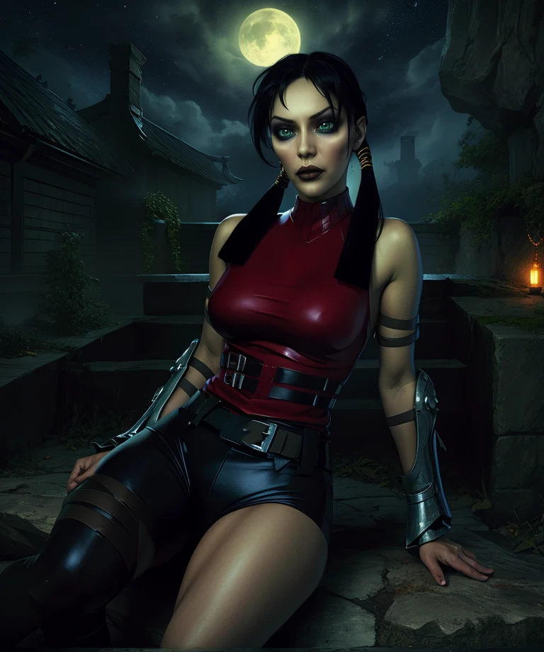 jennifer,black hair,low twintails,green eyes,dark makeup,
red sleeveless turtleneck,  
sitting, 
night,dark fantasy,
(insanely detailed, masterpiece, best quality),<lora:JenniferTate-11PRv10:0.8>,