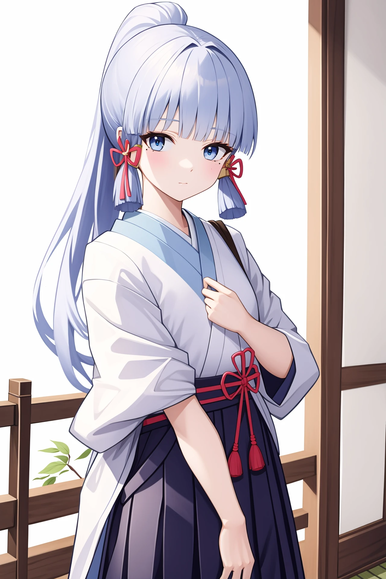 <lora:ç¥éåéæ:1:lbw=char>,kamisato ayaka,bangs,long hair,ponytail,ribbon,blunt bangs,hair ribbon,blue eyes,blue hair,japanese clothes,skirt,kimono,sidelocks,hakama,mole under eye,, 1girl,
, (masterpiece,best quality:1.2),absurdres