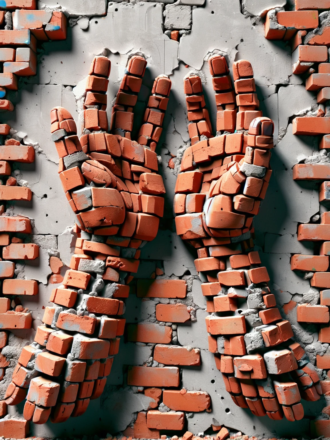 ais-brickz hands reaching out from a crumbling ais-brickz wall <lora:Bricks_Style_SDXL:1>