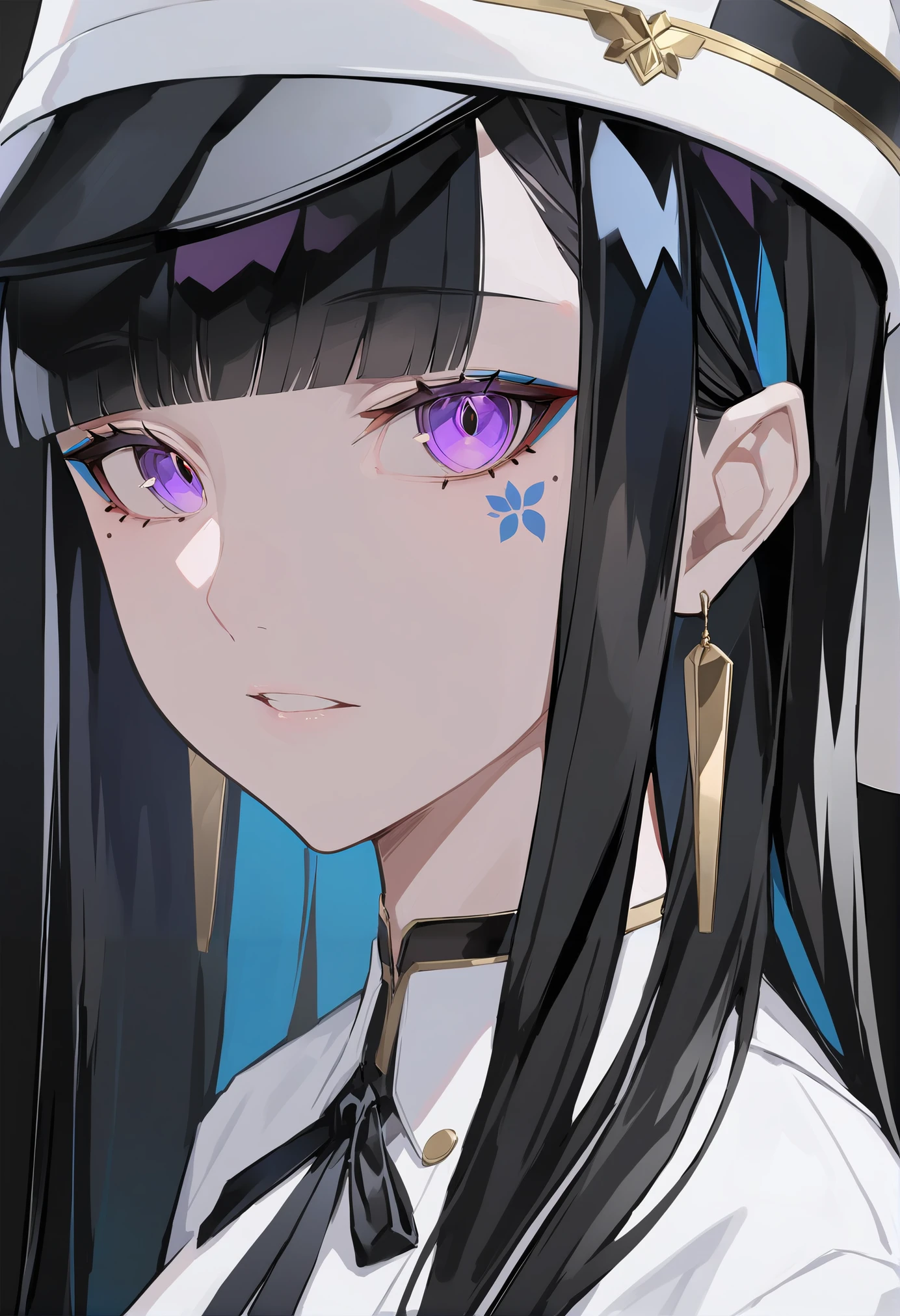 masterpiece, best quality, <lora:LAMXL_V1:1> 1girl, black hair, solo, hat, jewelry, earrings, purple eyes, mole under eye, long hair, looking at viewer, mole, parted lips, white headwear, black background, virtual youtuber, makeup, bangs, multicolored hair, shirt, facial mark, eyeshadow, simple background