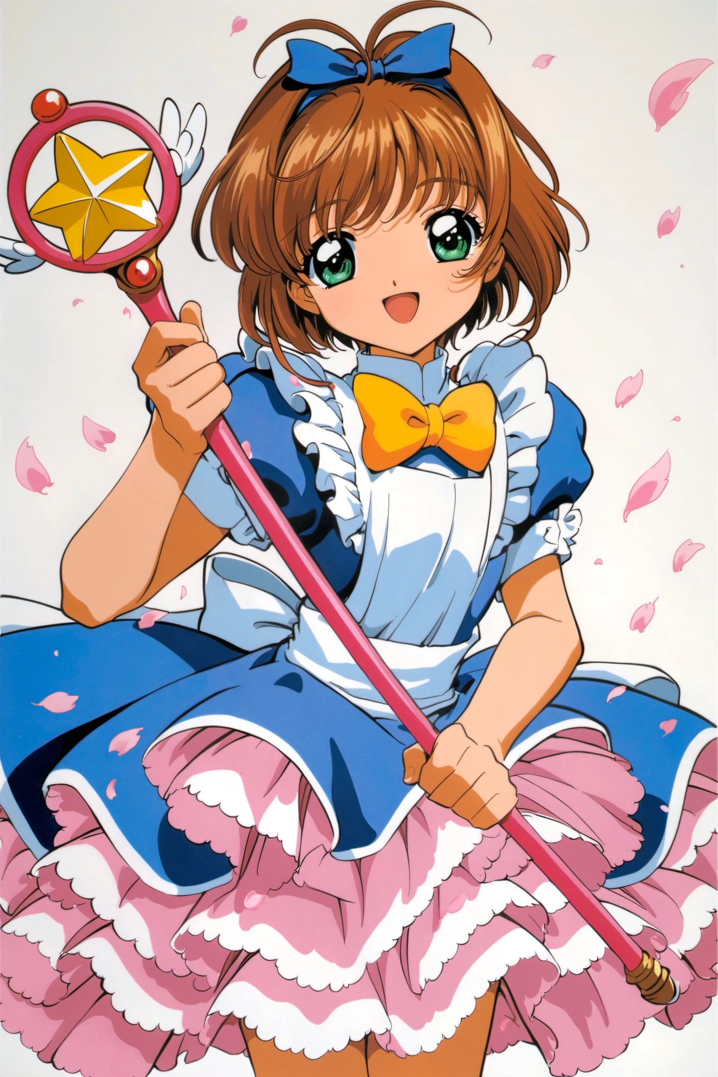 1girl, kinomoto sakura, dress, 1990s (style), blue dress, retro artstyle, puffy sleeves, green eyes, open mouth, solo, bow, holding, short sleeves, puffy short sleeves, brown hair, petals, fuuin no tsue, smile, short hair, apron, looking at viewer, frills, :d, blue bow, antenna hair, hair bow, white background, bangs, white bow, hairband, petticoat, frilled dress, white apron, simple background, magical girl, wand, frilled apron, cowboy shot, blue hairband, female child, holding wand, traditional media,<lora:Card Captor Sakura Anime_XL:0.8>