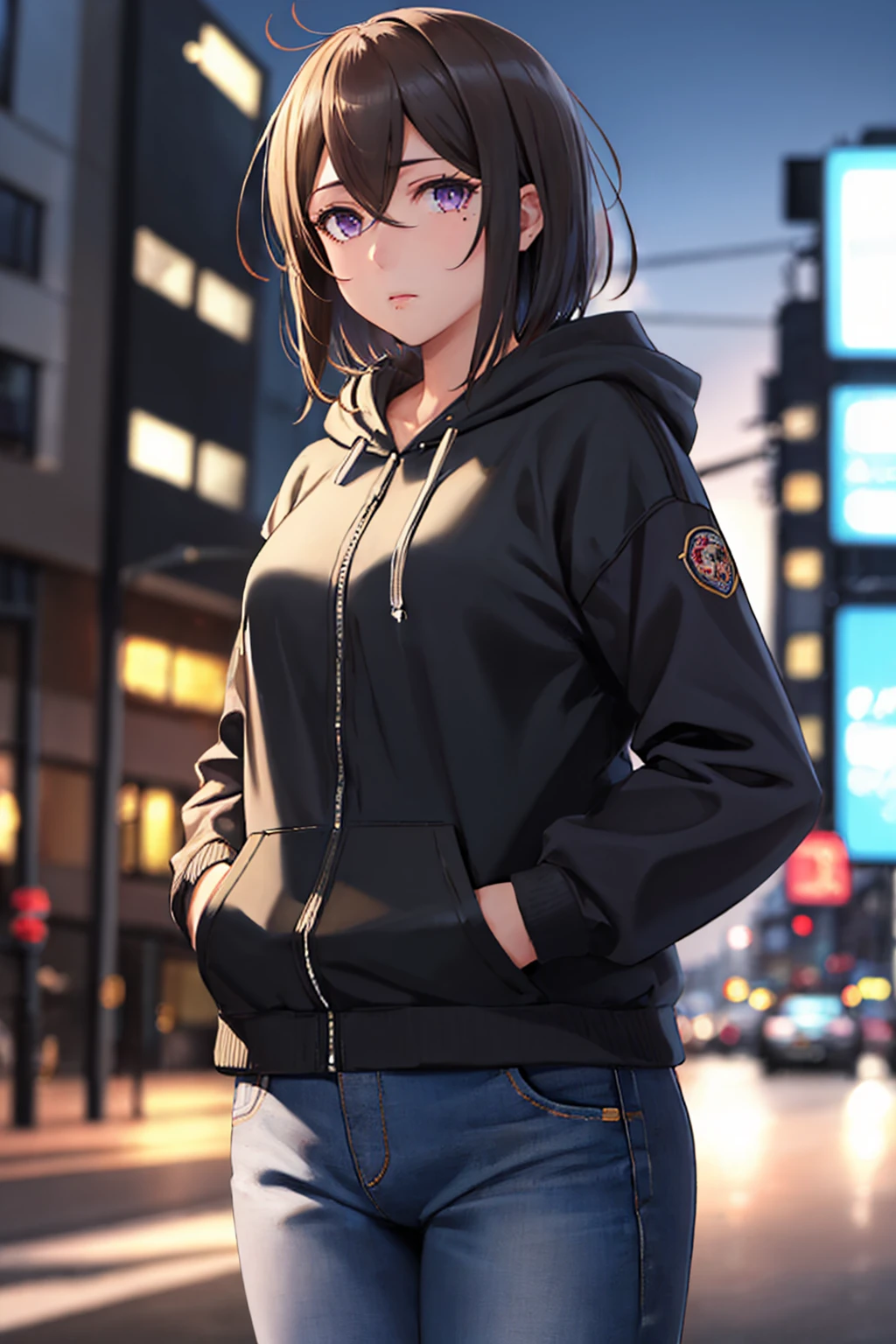 (masterpiece, best quality:1.2), solo, 1girl, suginami ikaruga, mole, expressionless, looking at viewer, hand in pocket, short hair, purple eyes, hoodie, jeans, city street <lora:antimagacademy_suginami-10:0.8>