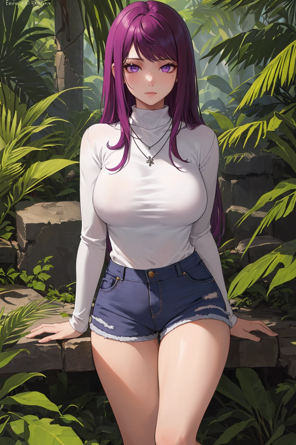 masterpiece, best quality, <lora:EPfeIvy-07:0.7> EPfeIvy, solo, 1girl, purple hair, long hair, purple eyes, mole under mouth, large breasts, reference sheet, jungle, rainforest, ruins, day, arm support, turtleneck, denim shorts, (necklace), distracted, aloof, oblivious