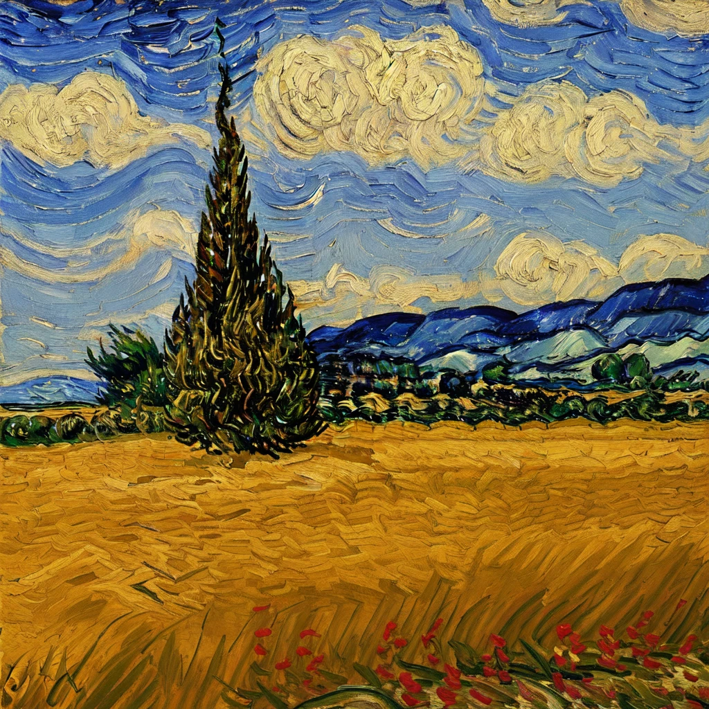 anchemixvangogh,outdoors,traditional media,sky,scenery,reflection,(night:1.5),river,(starry sky:1.5),shore,