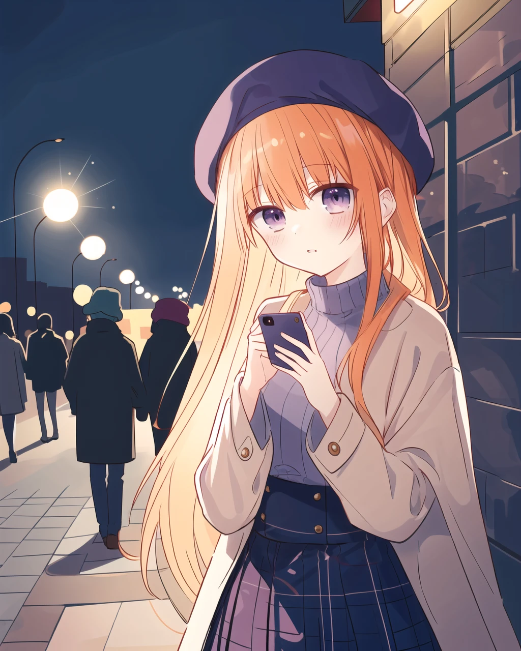 masterpiece,best quality,highres,
long hair,orange hair,purple eyes,parted bangs,straight hair,plaid beret,open overcoat,plaid skirt,high-waist skirt,ribbed sweater,outdoors,(ð),(from side:0.7),street,night,city lights,blush,holding phone,looking at viewer,backlighting,parted lips,
best lighting and shadow,stunning color,radiant tones,ultra-detailed,amazing illustration,an extremely delicate and beautiful,