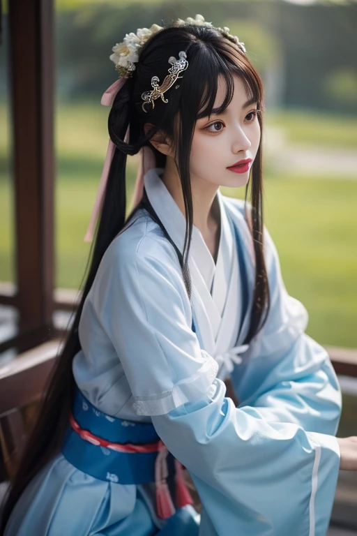 ltra-detailed,highly detailed,best quality,masterpiece,illustration,realistic,photorealistic,
baimoqing, 1girl, solo,
hanfu, sash, long sleeves, chinese clothes, ribbon, wide sleeves, jewelry, tassel,see-through dress,
very long hair, hair ornament, hair ribbon, hair bun,
upper body, looking at viewer,
<lora:baimoqing_v1_07:0.7>