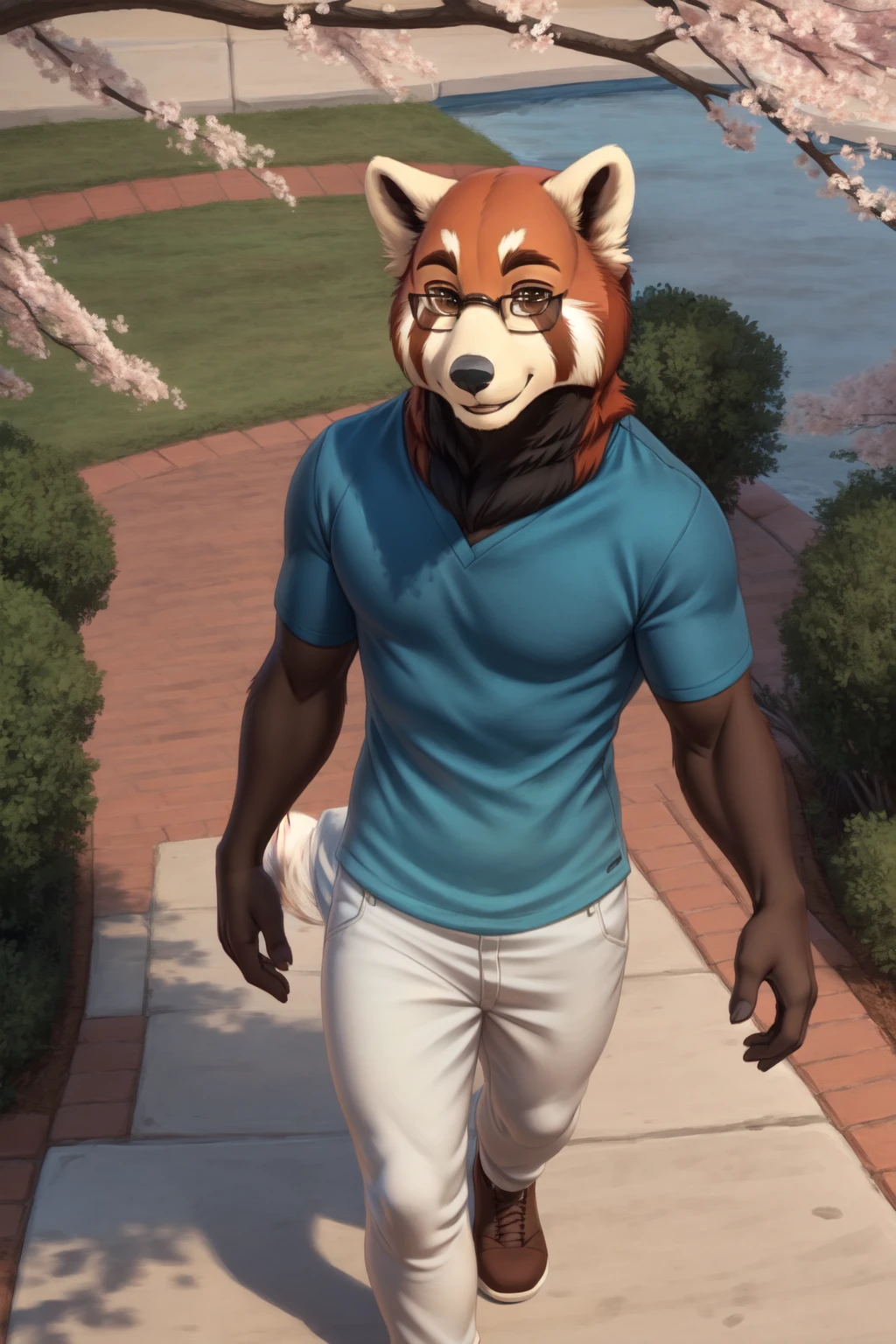 <lora:tanabe-06:1>, tanabe, male, (pose:1.3), (posing:1.3), (soft shading), 4k, hi res, ((detailed face, (brown eyes), detailed)), (full body), by zackarry911, by zaush, (by personalami:0.5), red panda, glasses, smile, looking at viewer, smile, shirt, 1boy, male focus, blue shirt,  white pants, shoes, cherry blossom, high-angle view, walking,