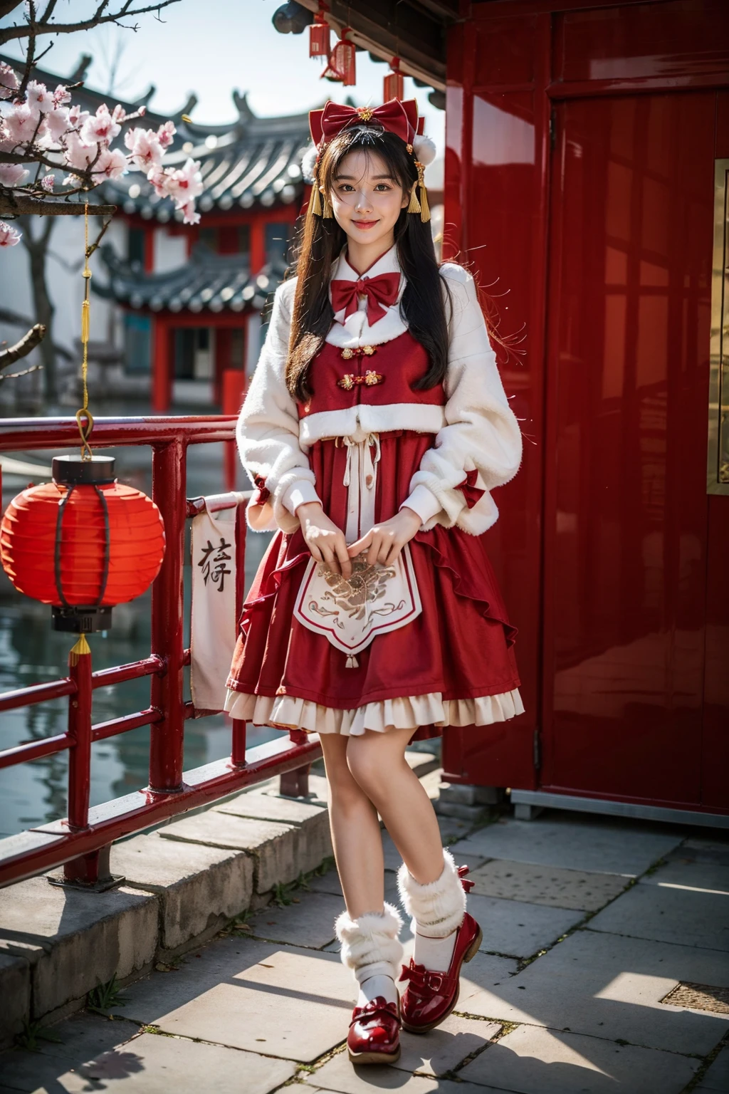 best quality, masterpiece, photorealistic, realistic, 1girl, solo, looking at viewer, smile, full body, long black hair, straight hair, bangs, blunt bangs, standing, cyb dress, layered dress, long sleeves, hair bow, frilled dress, overcoat, bowtie, leg warmers, shoes, chinese lantern, spring festival, chinese garden, tree, flower, chinese new year, <lora:chinese_new_year_dress_style1_v1:0.7>