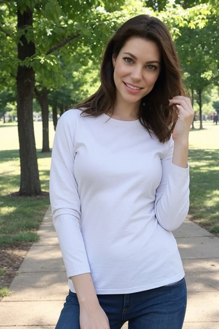 <lora:mondongo_LoRA_CourtneyHenggeler:1> mndngwmn, Hazel eyes, (3/4 body), masterpiece,best quality, wearing casual clothes, on the park