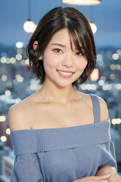 1girl,solo, (off-shoulder, sleeveless, dress:1.6),(RAW photo, best quality), (realistic, photo-realistic:1.4), masterpiece, an extremely delicate and beautiful, extremely detailed, 2k wallpaper, Amazing, finely detail, extremely detailed CG unity 8k wallpaper, ultra-detailed, highres, soft light, beautiful detailed girl, extremely detailed eyes and face, beautiful detailed nose, beautiful detailed eyes,cinematic lighting,(smile gently,friendly, warm:1.8),(in the city at night:2.0),perfect anatomy,slender body,(japanese idol:1.6),(close up face:2.0),(look at viewer),(front view:2.0),cinematic angle,(cleavage:1.2),(wavy short hair:2.0),(brown eyes:1.2), <lora:suyamaemiri_lora-04:0.8>