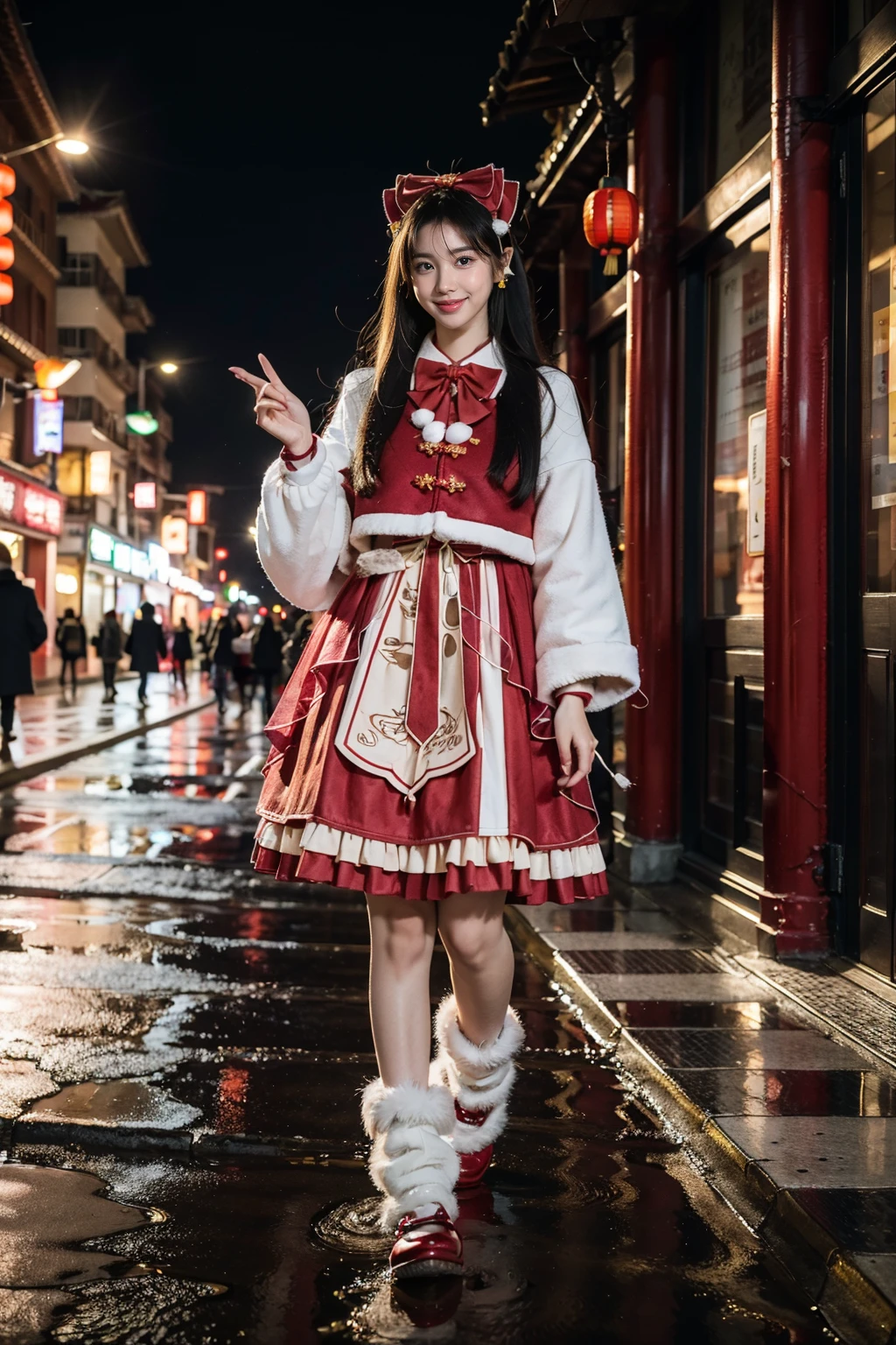 best quality, masterpiece, photorealistic, realistic, 1girl, solo, looking at viewer, smile, full body, long black hair, straight hair, bangs, blunt bangs, standing, cyb dress, layered dress, long sleeves, hair bow, frilled dress, overcoat, bowtie, leg warmers, shoes, lantern, rich detailed, spring Festival, snowfall, retro architecture streets, pedestrians, chinese antique, chinese new year, <lora:chinese_new_year_dress_style1_v1:0.7>
