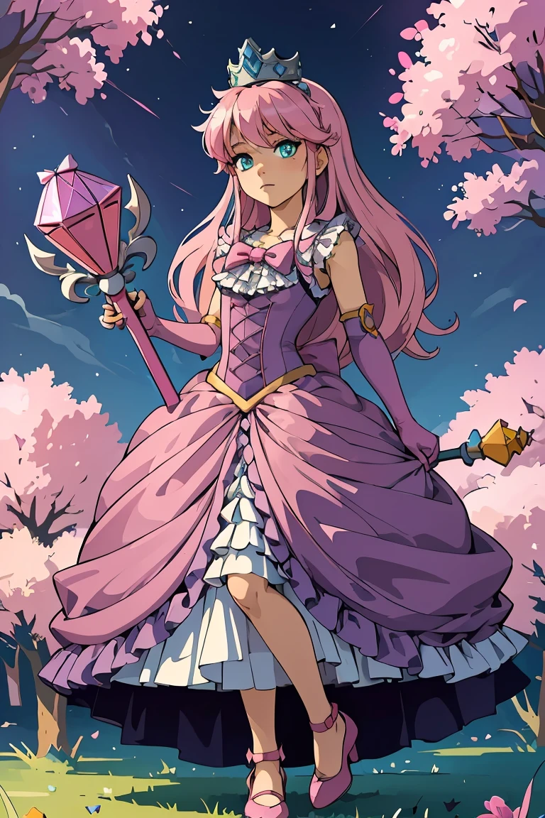 (masterpiece, best quality), 1girl,   <lora:Princess:0.8> pterraria, aqua eyes, pink hair, crown, pink bow, pink dress, elbow gloves, frills, purple footwear, scepter, holding scepter