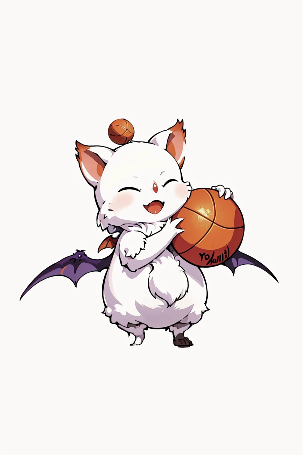Moogle_FFXIV, solo, smile, open mouth, simple background, white background, standing, full body, closed eyes, wings, no humans, ^_^, bat wings, ball, creature, basketball, masterpiece, official art, best quality, <lora:FFXIV_Moogle:1>