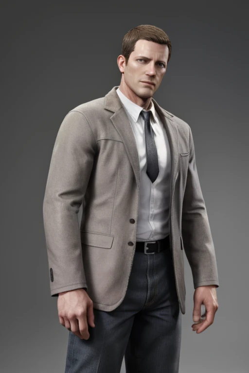 (RAW photo), brenthalligan, standing, grey background, cowboy shot, <lora:BrentHalligan:0.5>