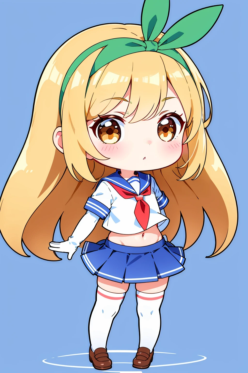 chibi, 1girl, solo, skirt, long hair, thighhighs, gloves, school uniform, navel, blonde hair, ribbon, brown footwear, brown eyes, striped, white background, blue skirt, hair ribbon, sailor collar, full body, looking at viewer, serafuku, shoes, midriff, pleated skirt, striped thighhighs, green ribbon, white gloves, blue sailor collar, shirt, white shirt, standing, bangs, blush, hairband, short sleeves, white thighhighs, zettai ryouiki, neckerchief, elbow gloves, red neckerchief, crop top,<lora:chibi style-000020:0.7>,