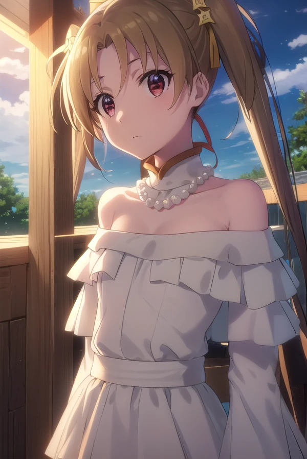 sherrytueli, <lora:sherry tueli s2-lora-nochekaiser:1>,
sherry tueli, long hair, brown hair, hair ornament, twintails, (brown eyes:1.5), star \(symbol\), star ornament,
BREAK dress, bare shoulders, jewelry, necklace, frills, long sleeves,
BREAK outdoors, forest, nature, sun, sky, clouds, trees, grass,
BREAK looking at viewer, (cowboy shot:1.5),
BREAK <lyco:GoodHands-beta2:1>, (masterpiece:1.2), best quality, high resolution, unity 8k wallpaper, (illustration:0.8), (beautiful detailed eyes:1.6), extremely detailed face, perfect lighting, extremely detailed CG, (perfect hands, perfect anatomy),