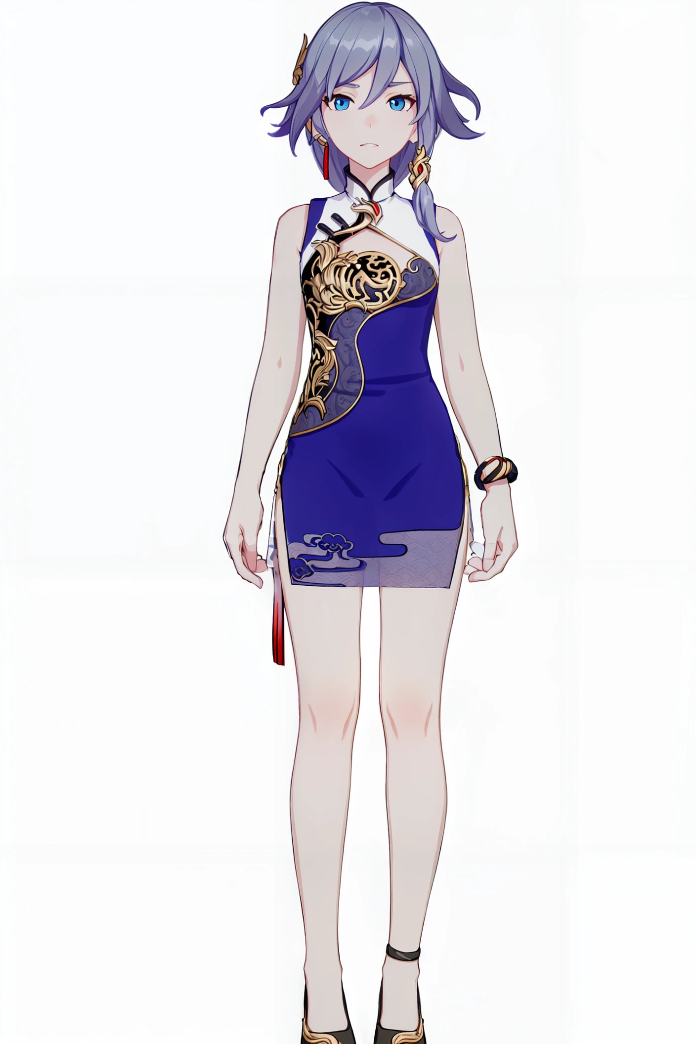 8k,best quality,masterpiece,(ultra-detailed:1.1),(high detailed skin),
(full body:1.3),white background,standing,looking at viewer,(solo:1.4),hand on hip,
<lora:qingyan-v100-000019:0.8>,qingyan,1girl,fu hua,chinese clothes,blue eyes,short china dress,lhair ornament,black hair,bangs,bare hands,sleeveless,
(white background, simple background:1.6),
(beautiful_face),((intricate_detail)),clear face,
((finely_detailed)),fine_fabric_emphasis,
((glossy)),full_shot,