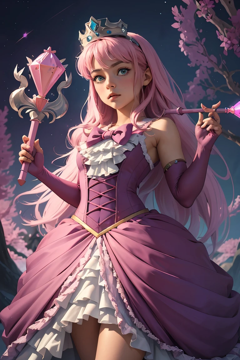 (masterpiece, best quality), 1girl, <lora:Princess:0.8> pterraria, aqua eyes, pink hair, crown, pink bow, pink dress, elbow gloves, frills, purple footwear, scepter, holding scepter