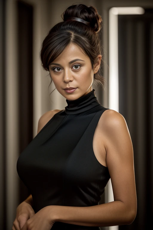cath3rin3b311 as a popular girl, brown hair in messy bun, (wearing a high neck sleeveless black dress:1.3), full body, indoors, walking down stairs in a house, evening, <lora:Catherine_Bell_PMv1_Lora:1.3>,, detailed skin texture, (blush:0.5), (goosebumps:0.5), subsurface scattering, ((Glamour Shot)), high quality photography, 3 point lighting, flash with softbox, 4k, Canon EOS R3, hdr, smooth, sharp focus, high resolution, award winning photo, 80mm, f2.8, bokeh